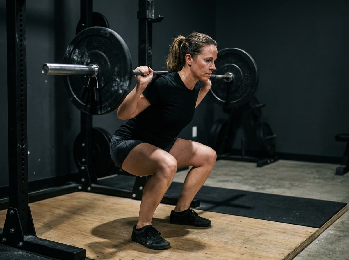A woman mid-squat with a loaded barbell across her shoulders in a dark gym.