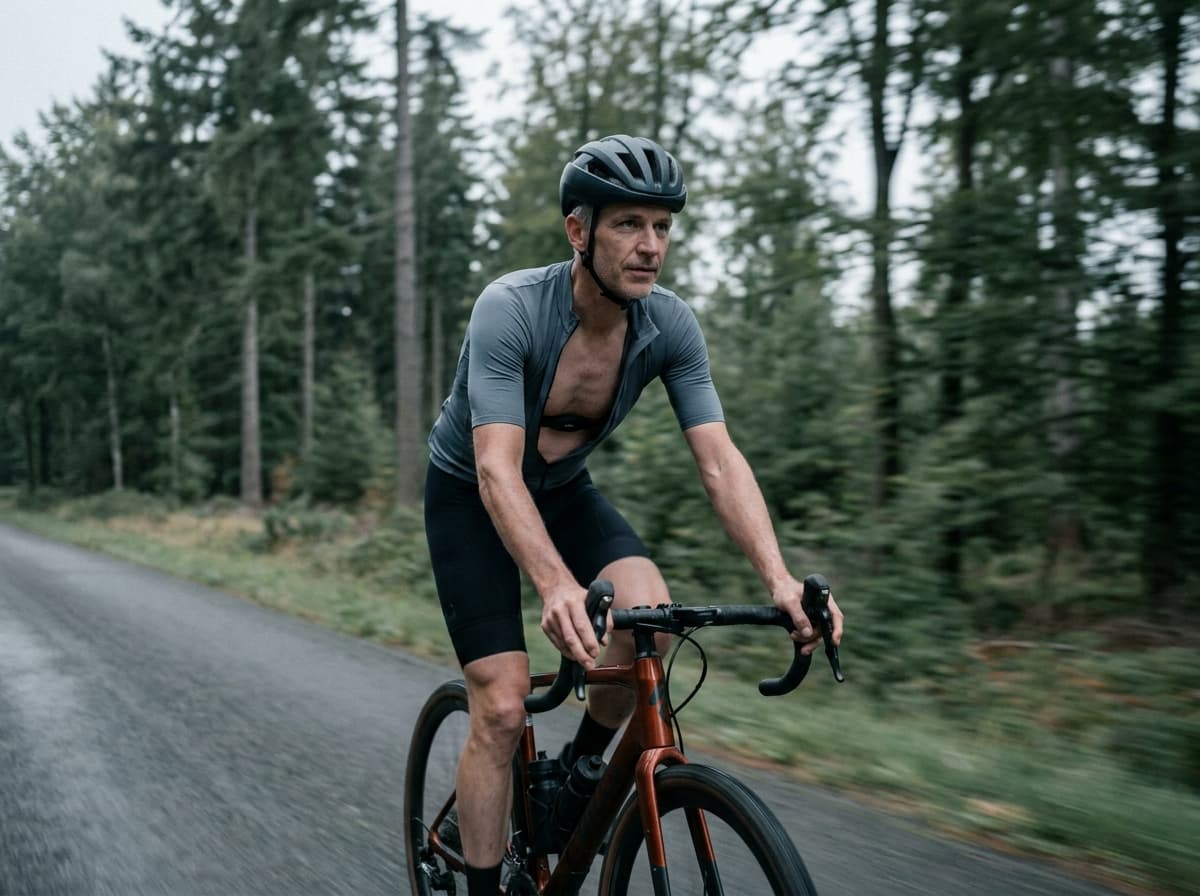 A cyclist in a grey jersey and helmet riding a road bike on a forest road.