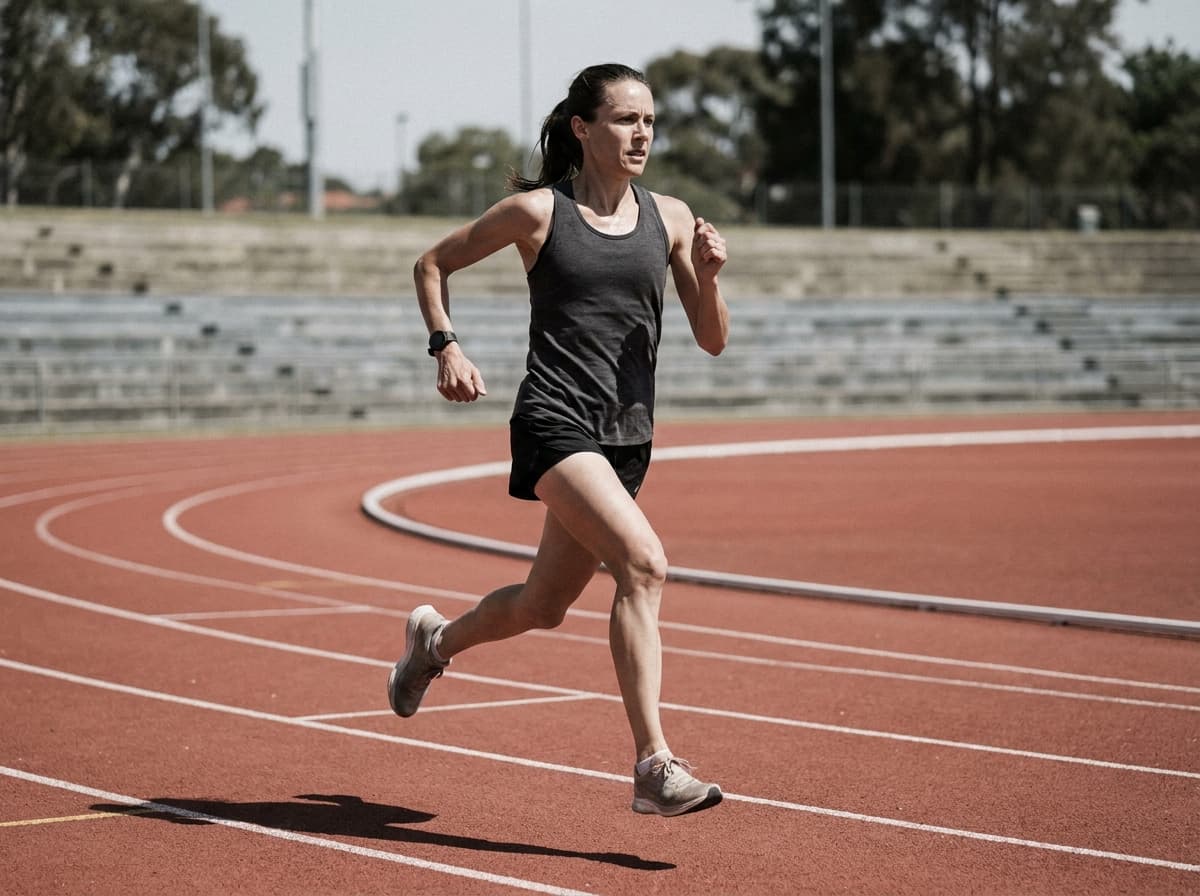 A runner at full stride during an interval on an outdoor running track.