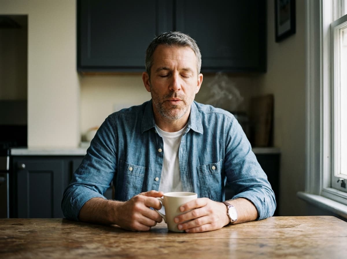 A man sitting at a kitchen table with eyes closed, holding a mug of coffee.